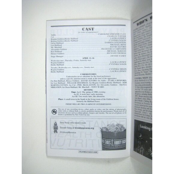 Little Foxes Playbill Opening Night 2017 Laura Linney Cynthia Nixon Manhattan - Picture 5 of 7